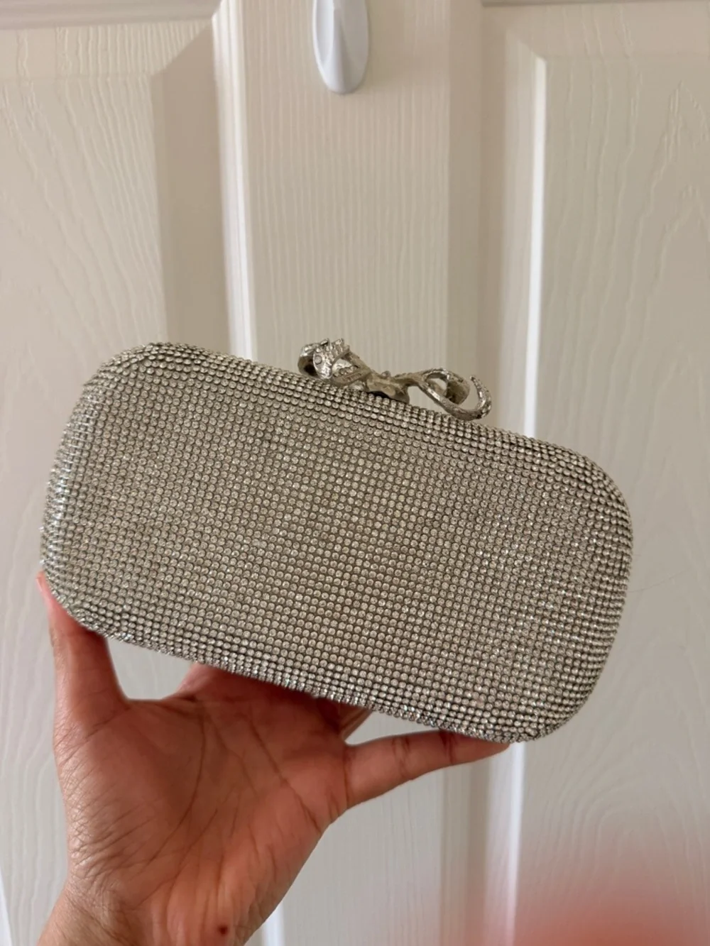 Crystal-Embellished Silver Evening Clutch - Picture 1 of 2